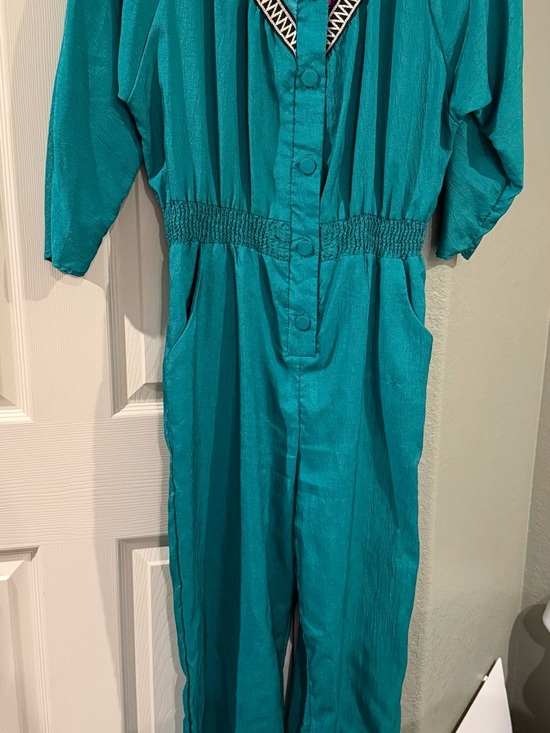 Teal Button-Front Romper with Patterned Yoke - Picture 2 of 5